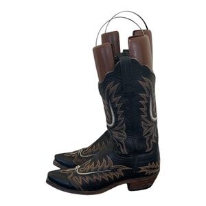 Size 7 Vintage black mid calf genuine leather women Lucchese cowboy boots.